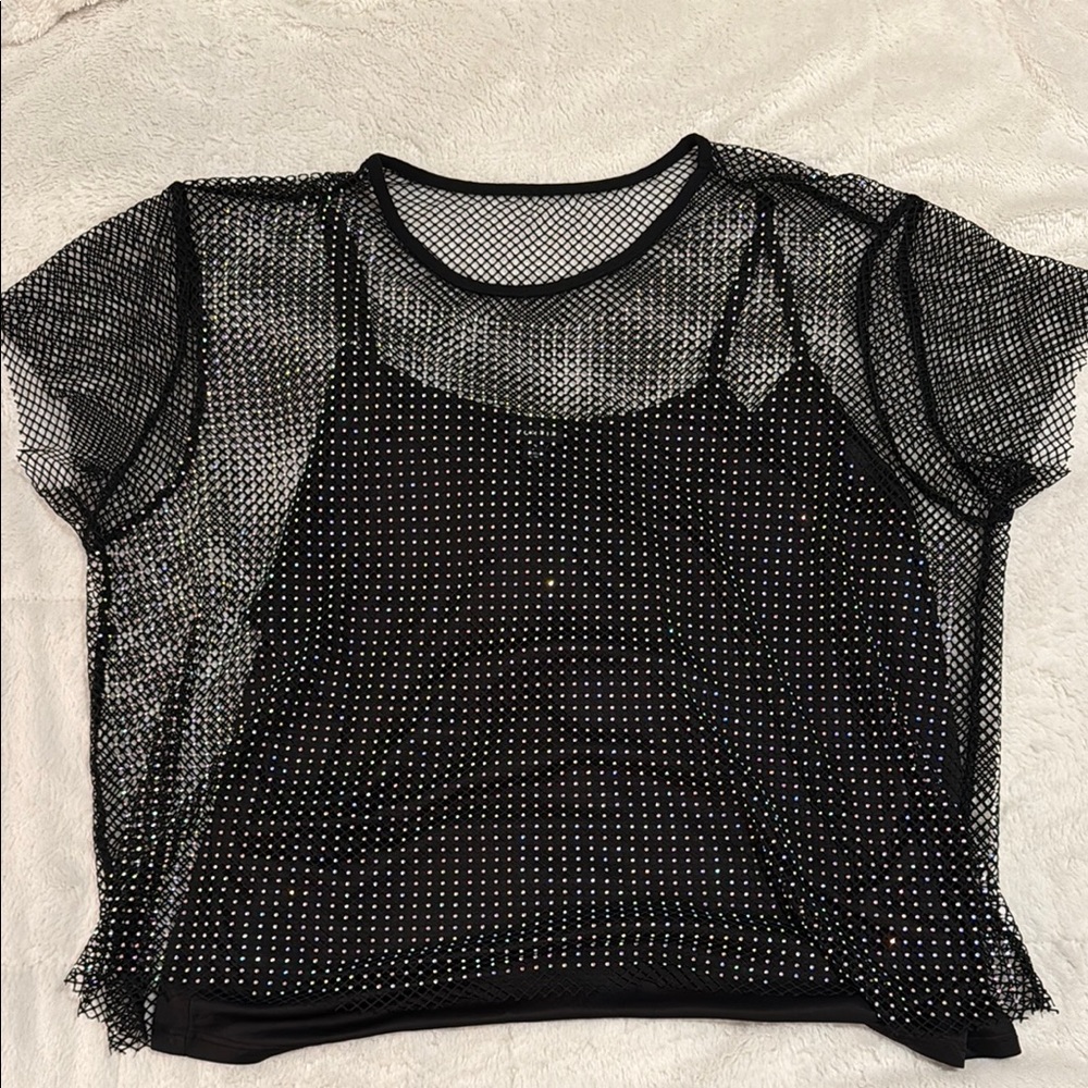 Black Mesh Rhinestone Top